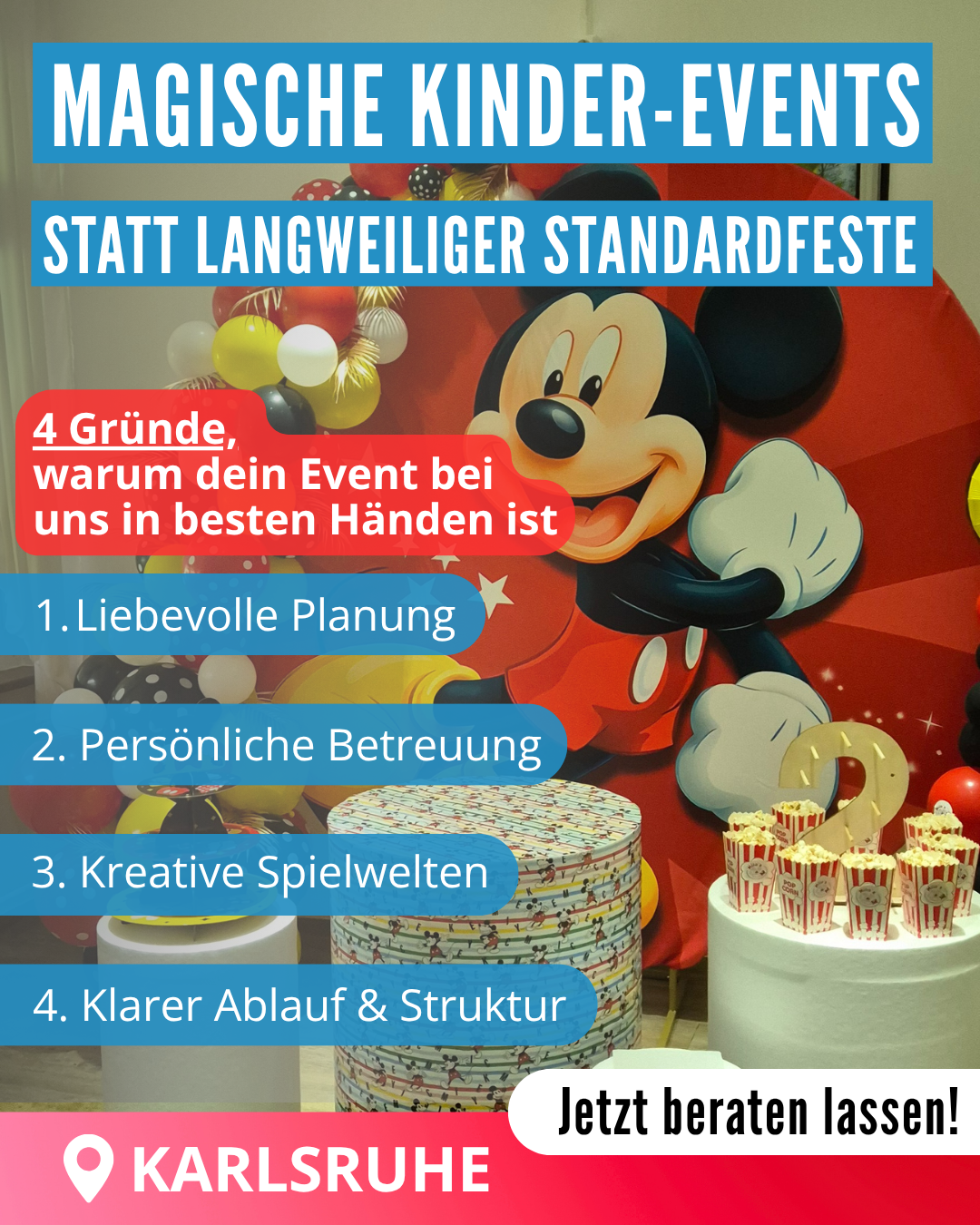 Milas Kidsevent Facebook ad: Entspannter feiern, wir kümmern uns um die Kinder