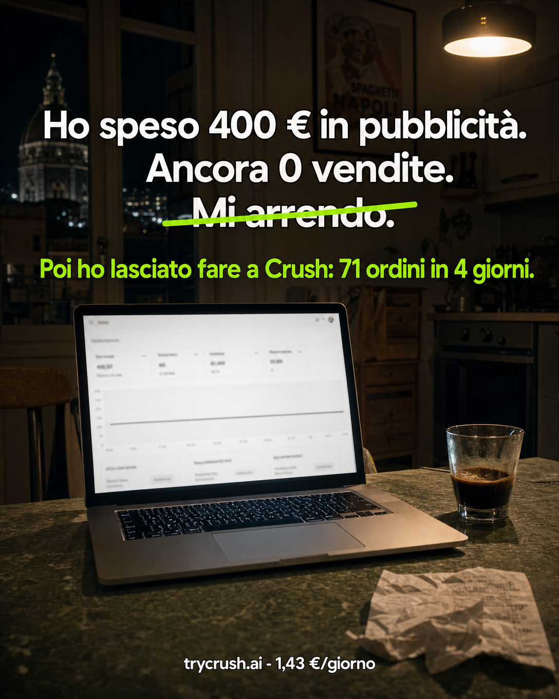 trycrush.ai Facebook ad: 400 € in pubblicità. Ancora 0 vendite.