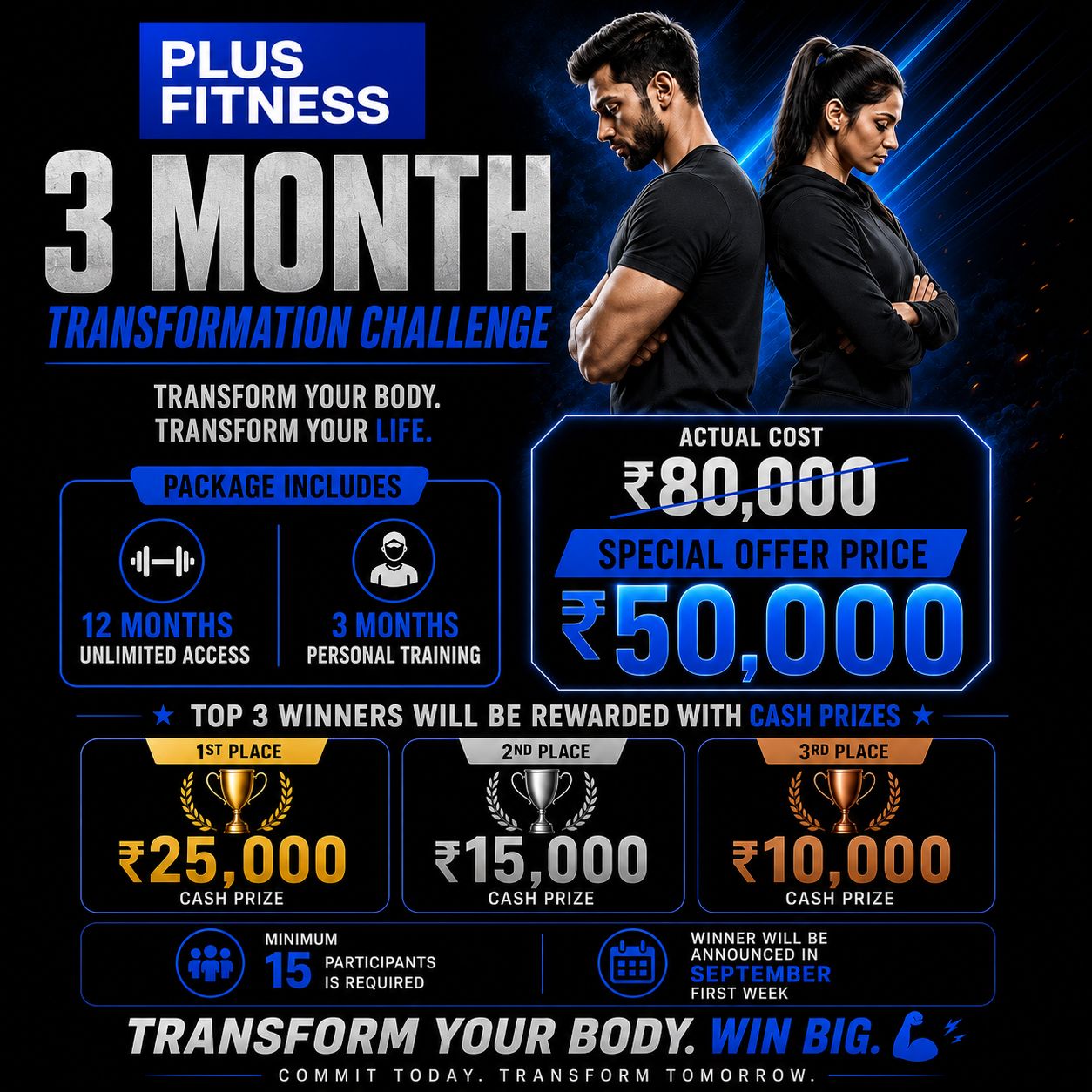 Plus Fitness 24/7 Borivali West Facebook ad: Transform Your Body in 90 Days, Win ₹25,000