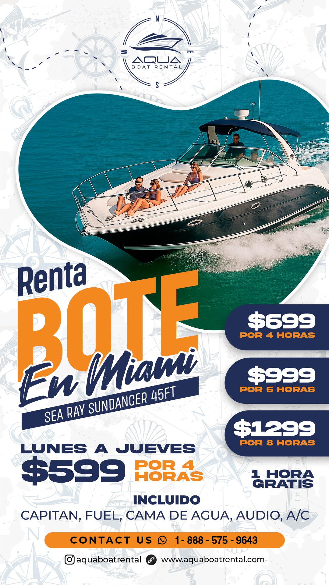 AQUA Boat Rental Facebook ad from Nov 26, 2025