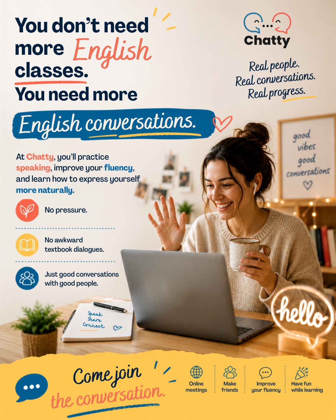 Chatty - Online English Speaking Club Facebook ad: Free for 2 weeks!