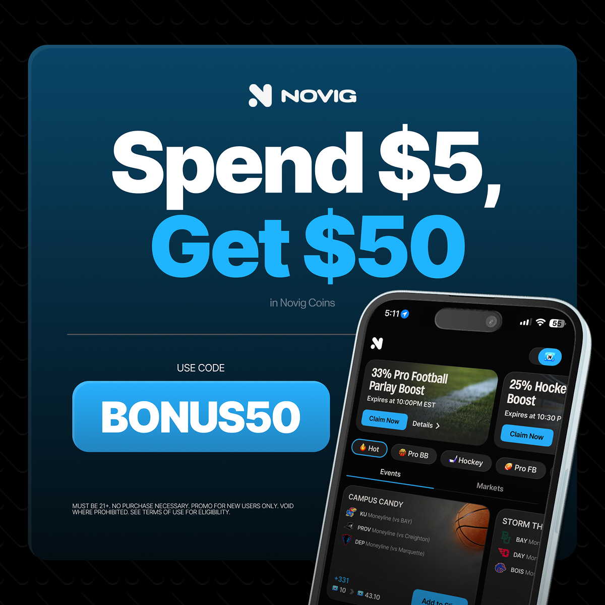 Novig App Facebook ad: Spend $5, Get $50, Use Code BONUS50