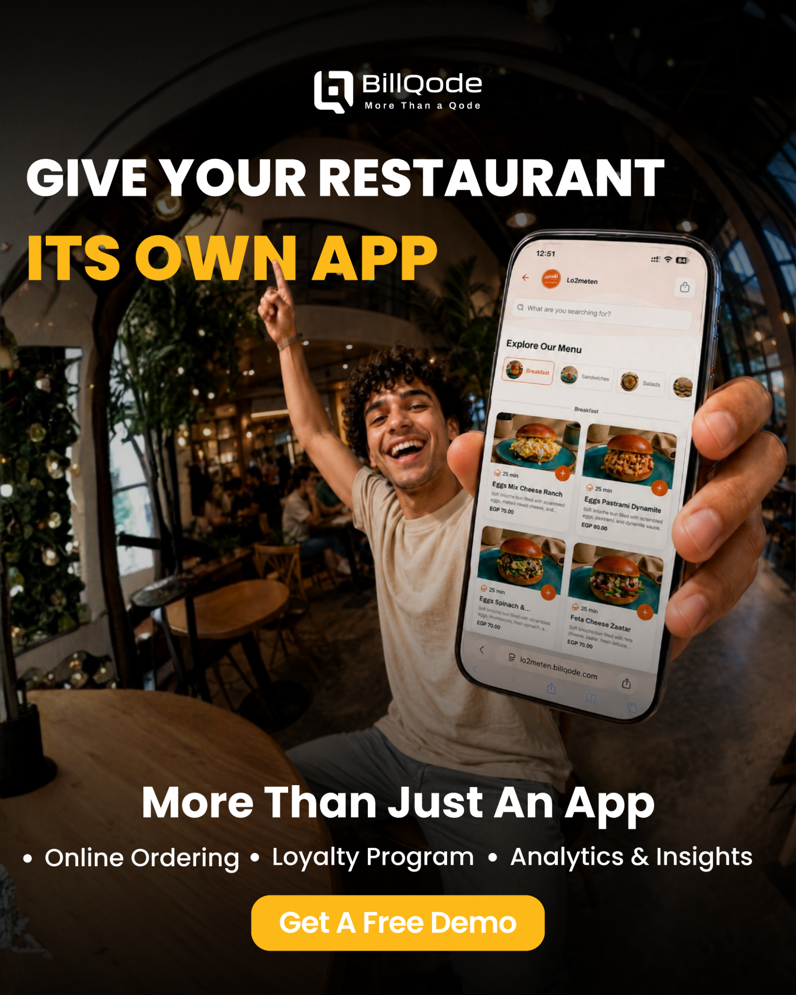 BillQode Facebook ad: Launch Your Restaurant App Today