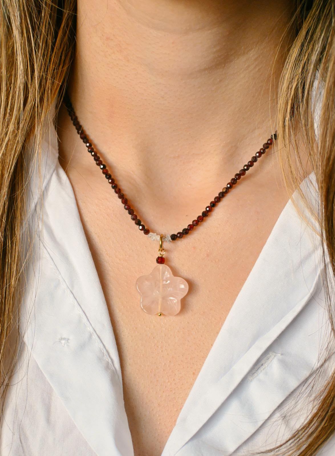 Northern Sky Facebook ad: Garnet Rose Flower Necklace