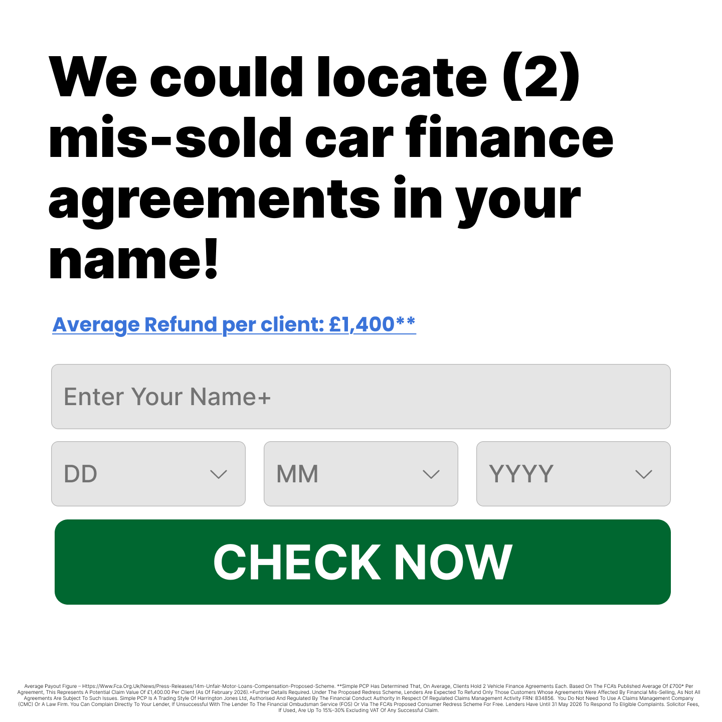 PCP Claim Checker Facebook ad: Find Your Car Finance Agreements