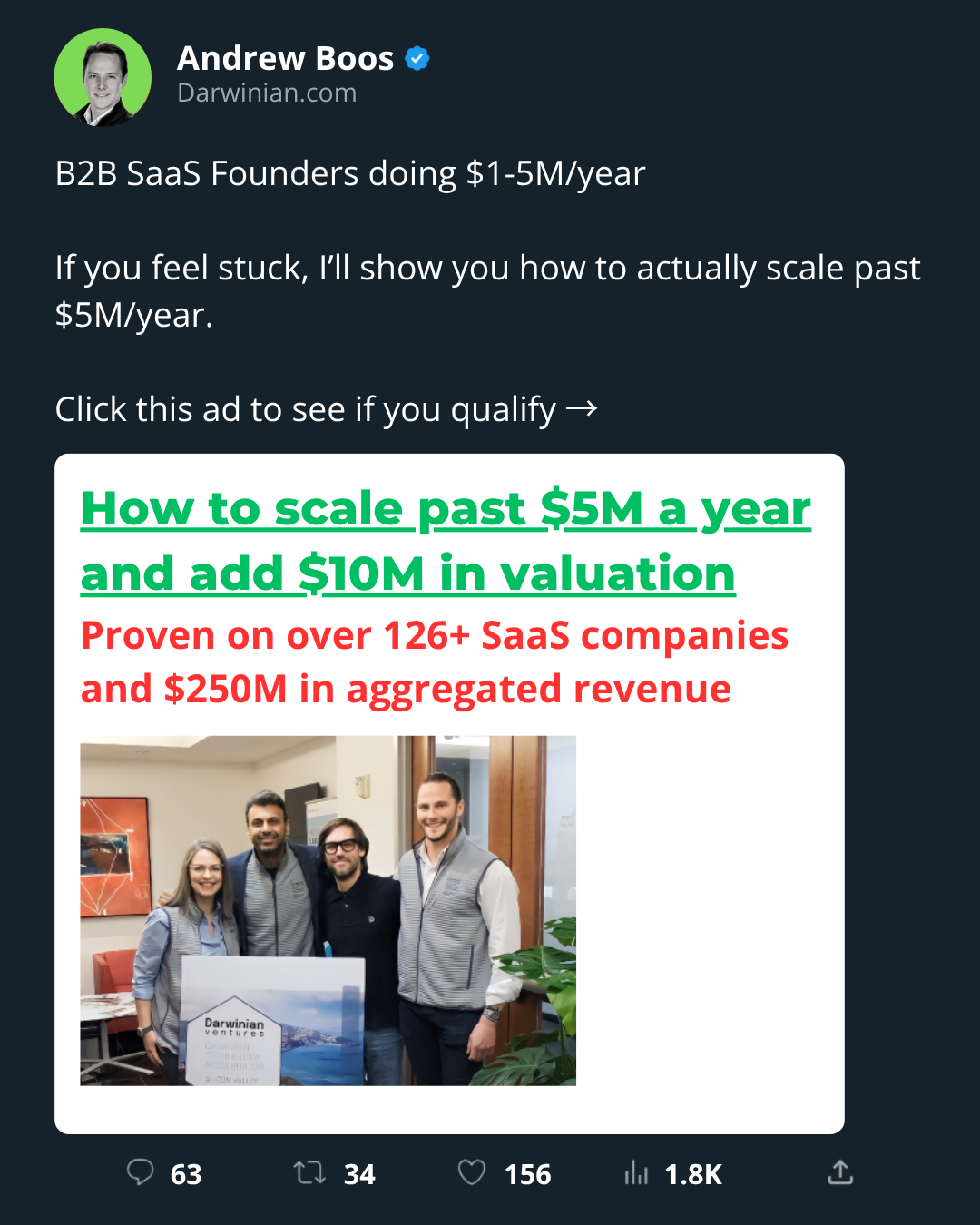 Darwinian Ventures Facebook ad: Add $10M+ in Enterprise Value (SaaS)