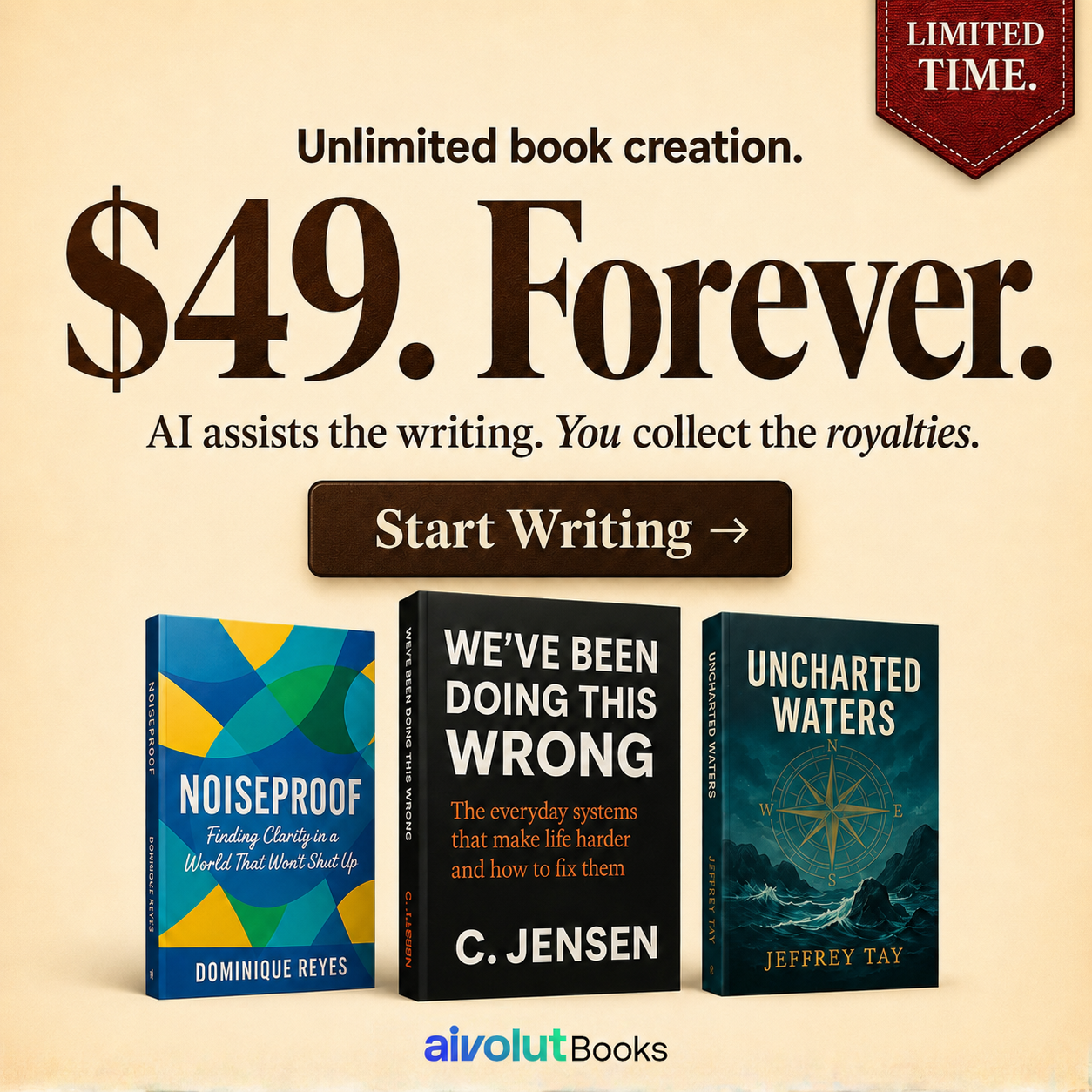 Aivolut - AI Tools for Businesses Facebook ad: Write once. Collect royalties forever.