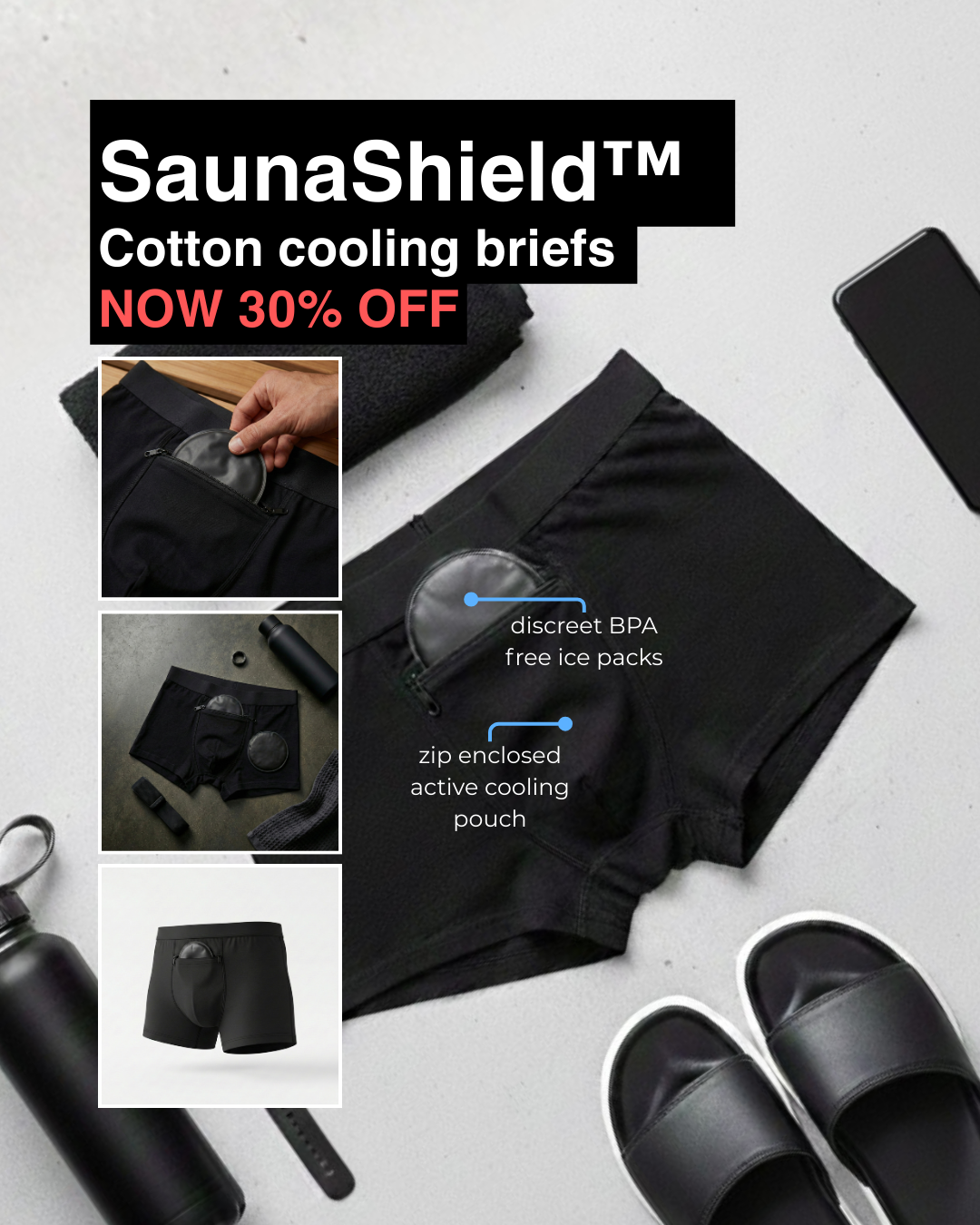 Sauna Protocol Facebook ad: SaunaShield Fertility Protection Cooling Briefs