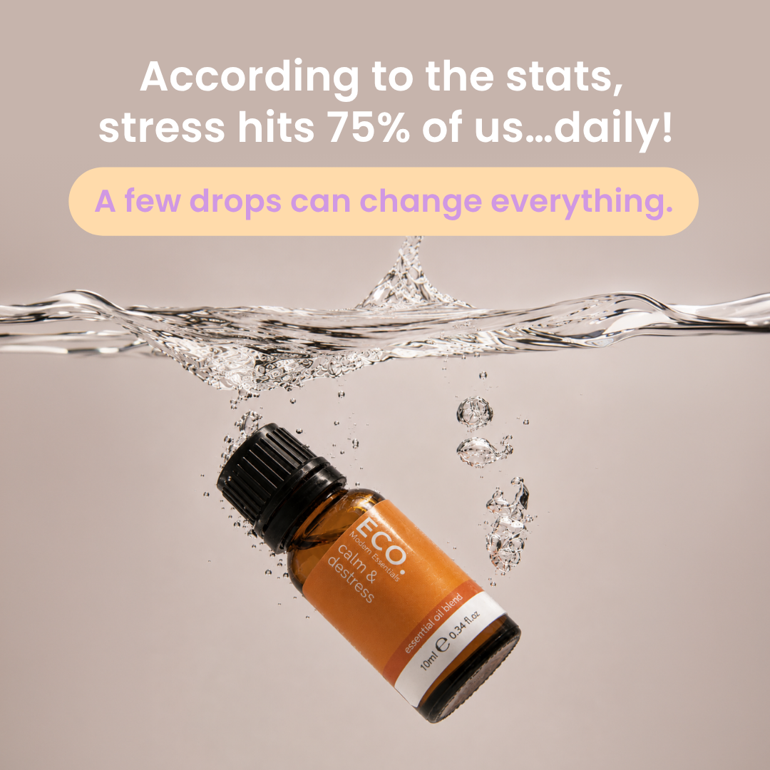 ECO. Modern Essentials Facebook ad: Drop the Stress. Keep the Calm.