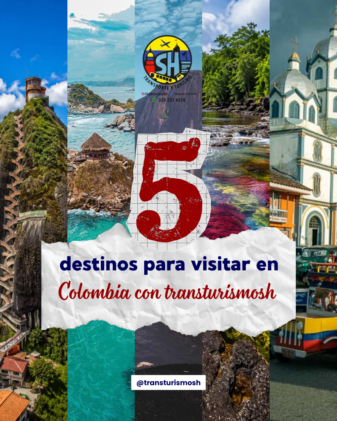 Transportes y Turismo SH Facebook ad: Playas de Tayrona, montañas de Guatapé, los colores…