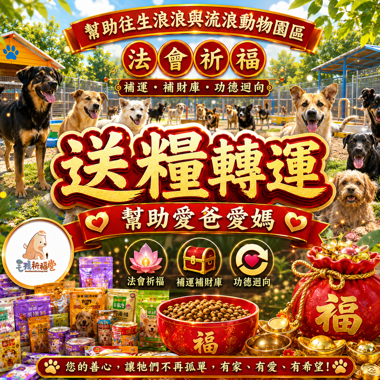 毛孩祈福堂 Facebook ad: 【送糧轉運|幫助浪浪也替自己累積福報】 祈安賜財補財庫法會+毛孩功德迴向