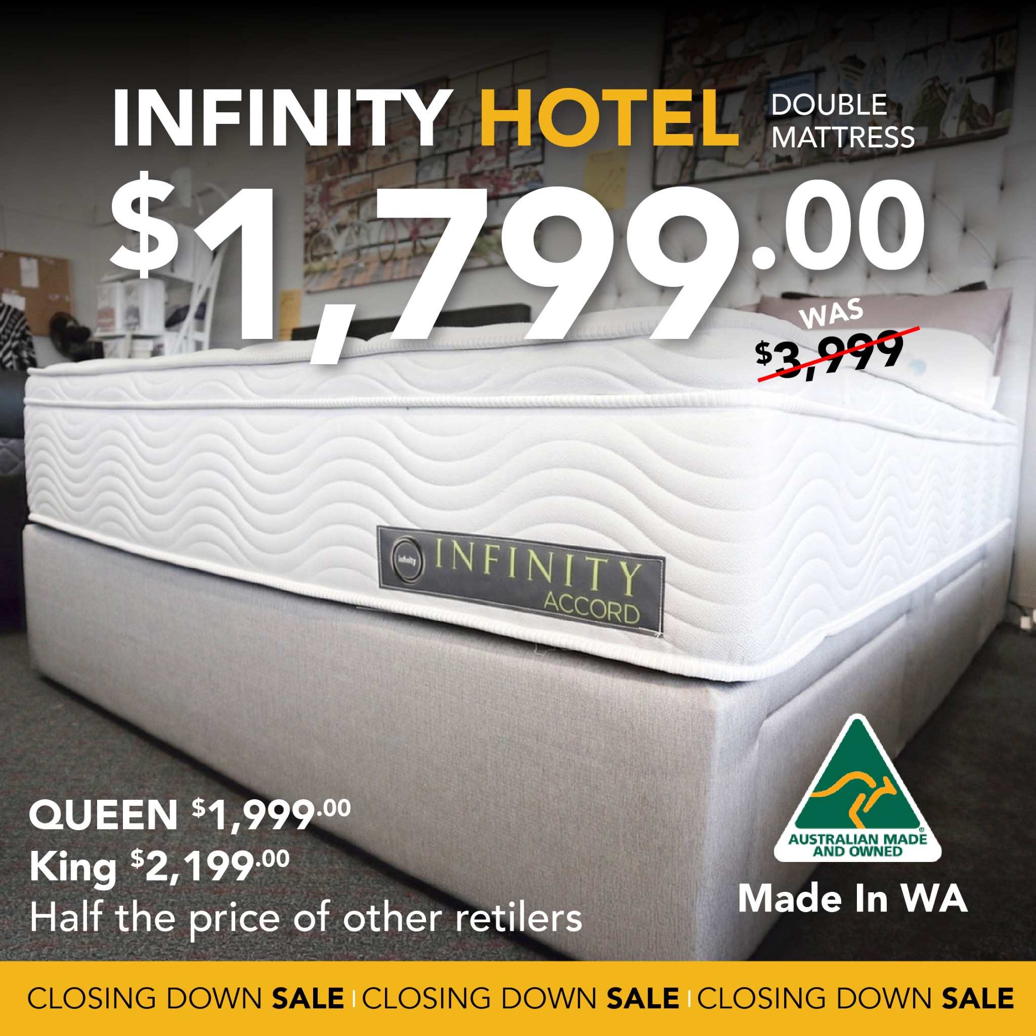 Kev's Beds Facebook ad: 55% OFF Our Accord Infinity Mattresses!