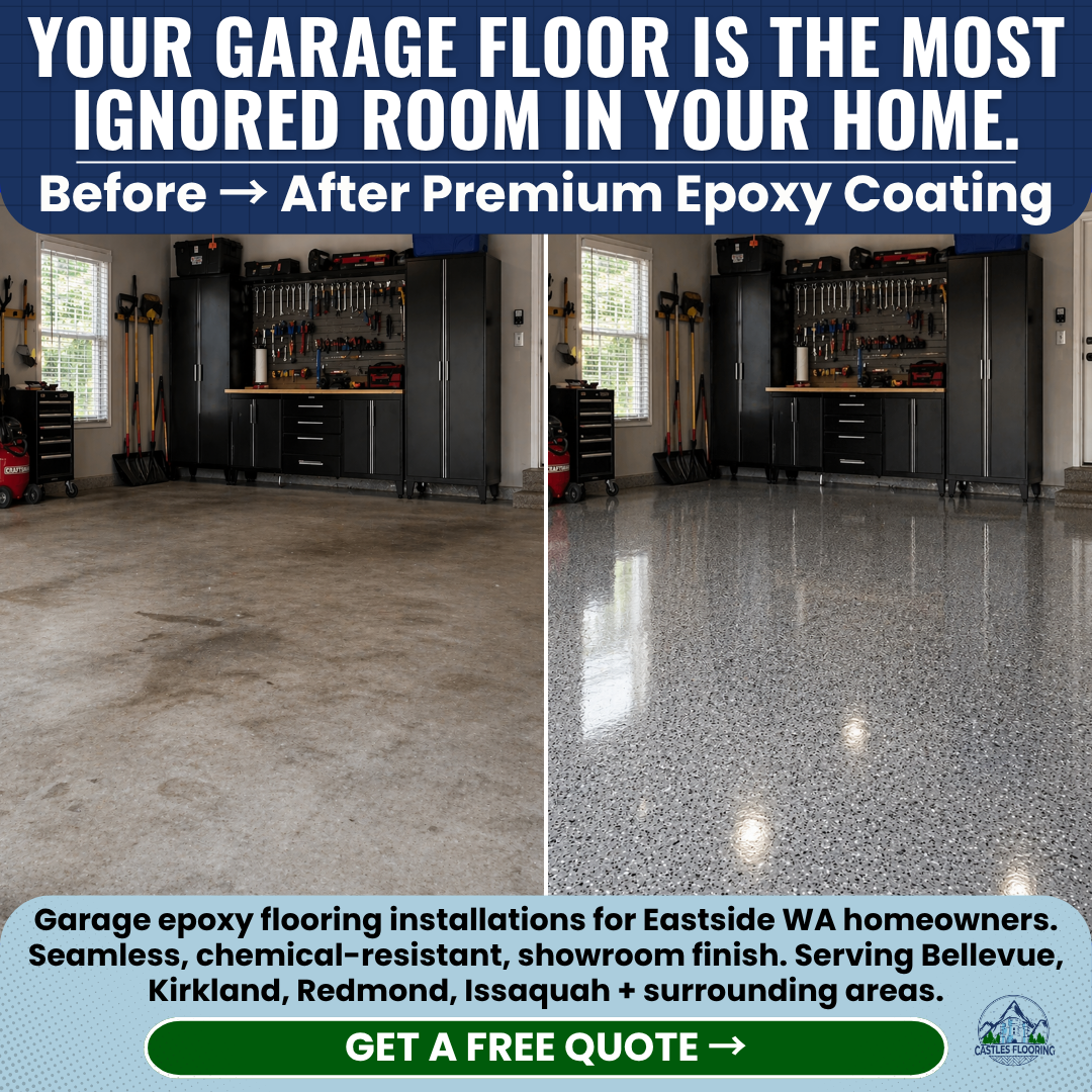 Castles Flooring Facebook ad: Professional Epoxy Garage Floors for Eastside WA Homes…