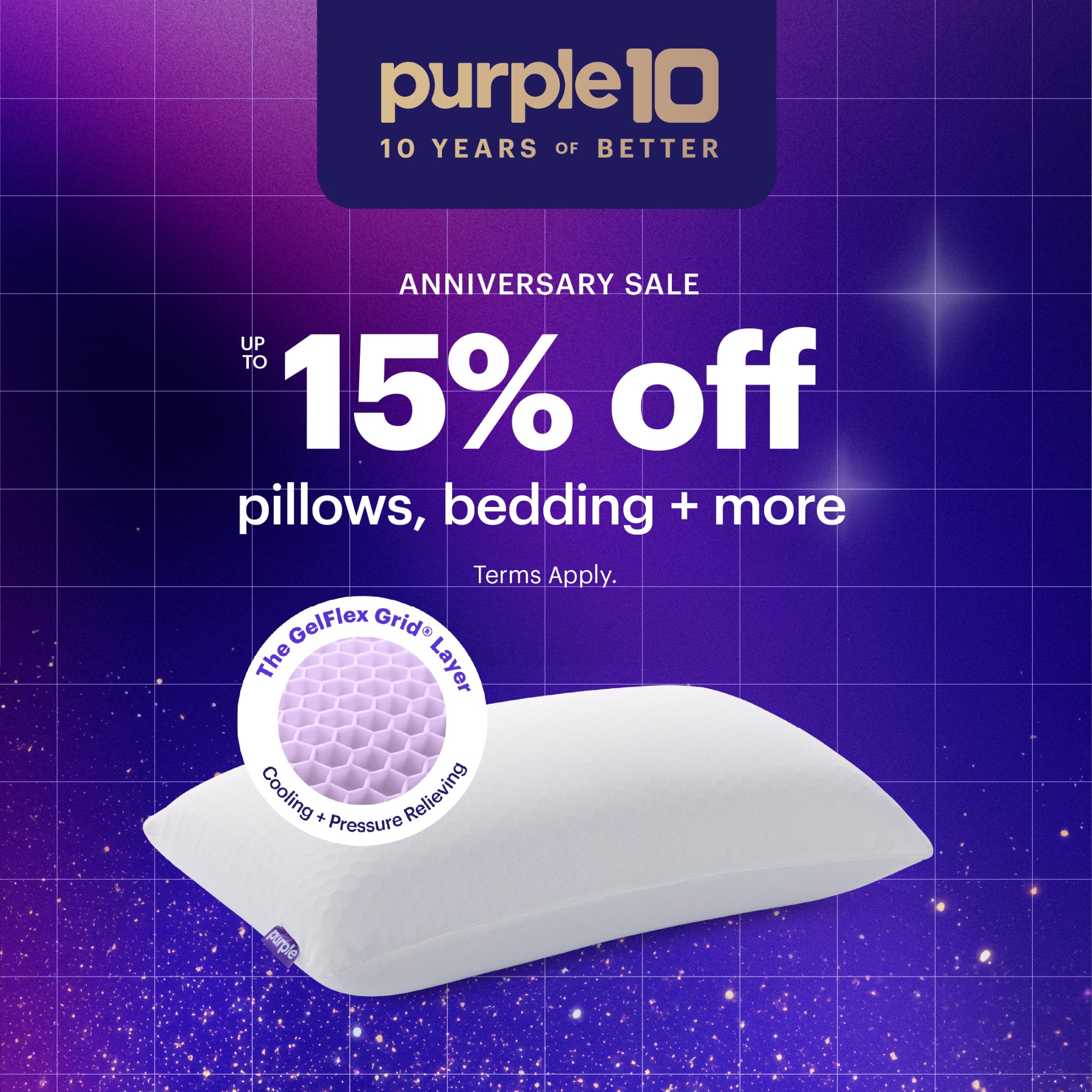 Purple Facebook ad: Up to 15% off pillows + more