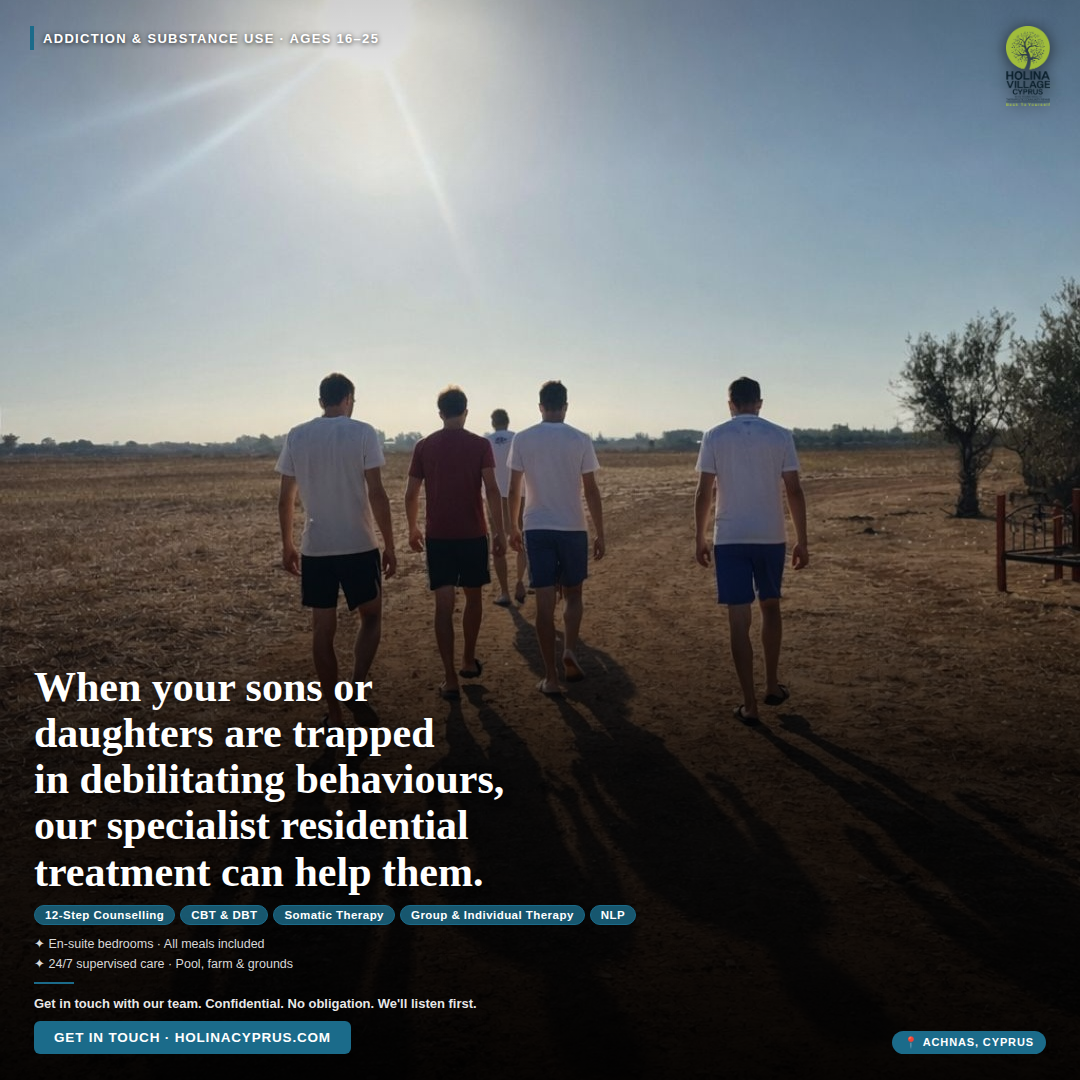 Holina Village, Cyprus Facebook ad: Is your child trapped in addiction? We can help.