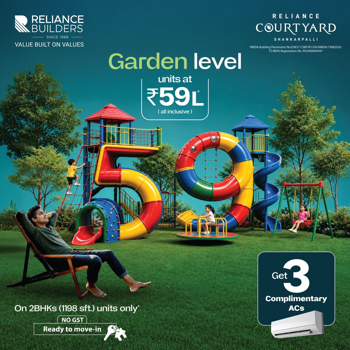 Reliance Builders Facebook ad: Garden level 2 BHK Homes at ₹59 Lakh in Shankarpally's…