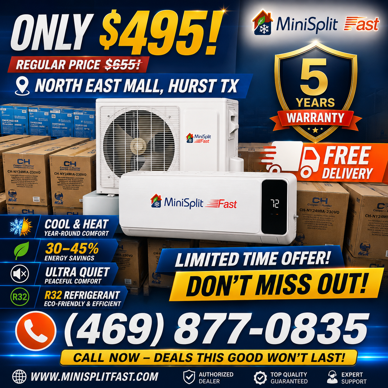 Minisplit Fast Facebook ad: $495 Mini Split, In Stock Now