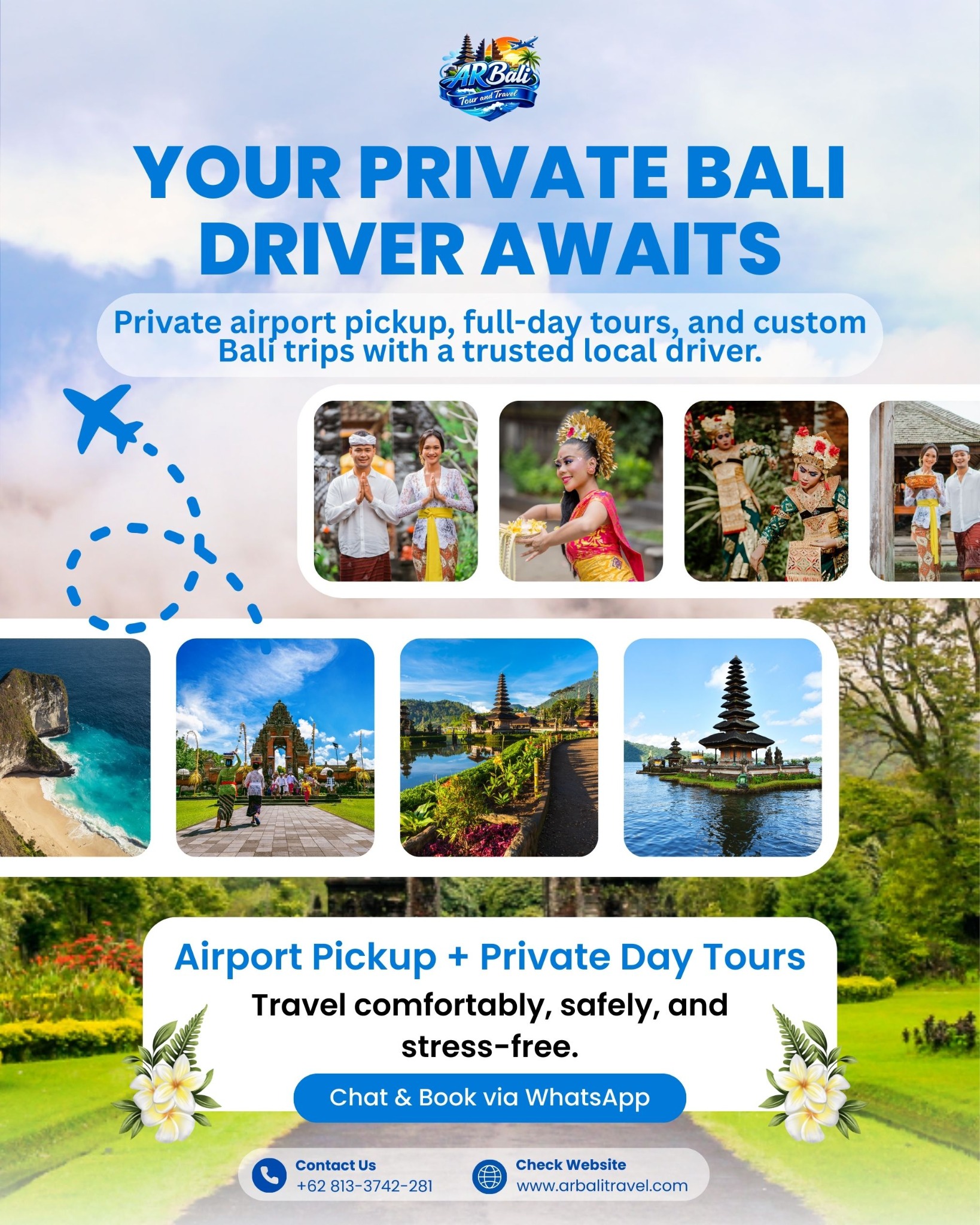 Arbalitour AndTravel Facebook ad: Private Bali Driver & Day Tours, Chat Now