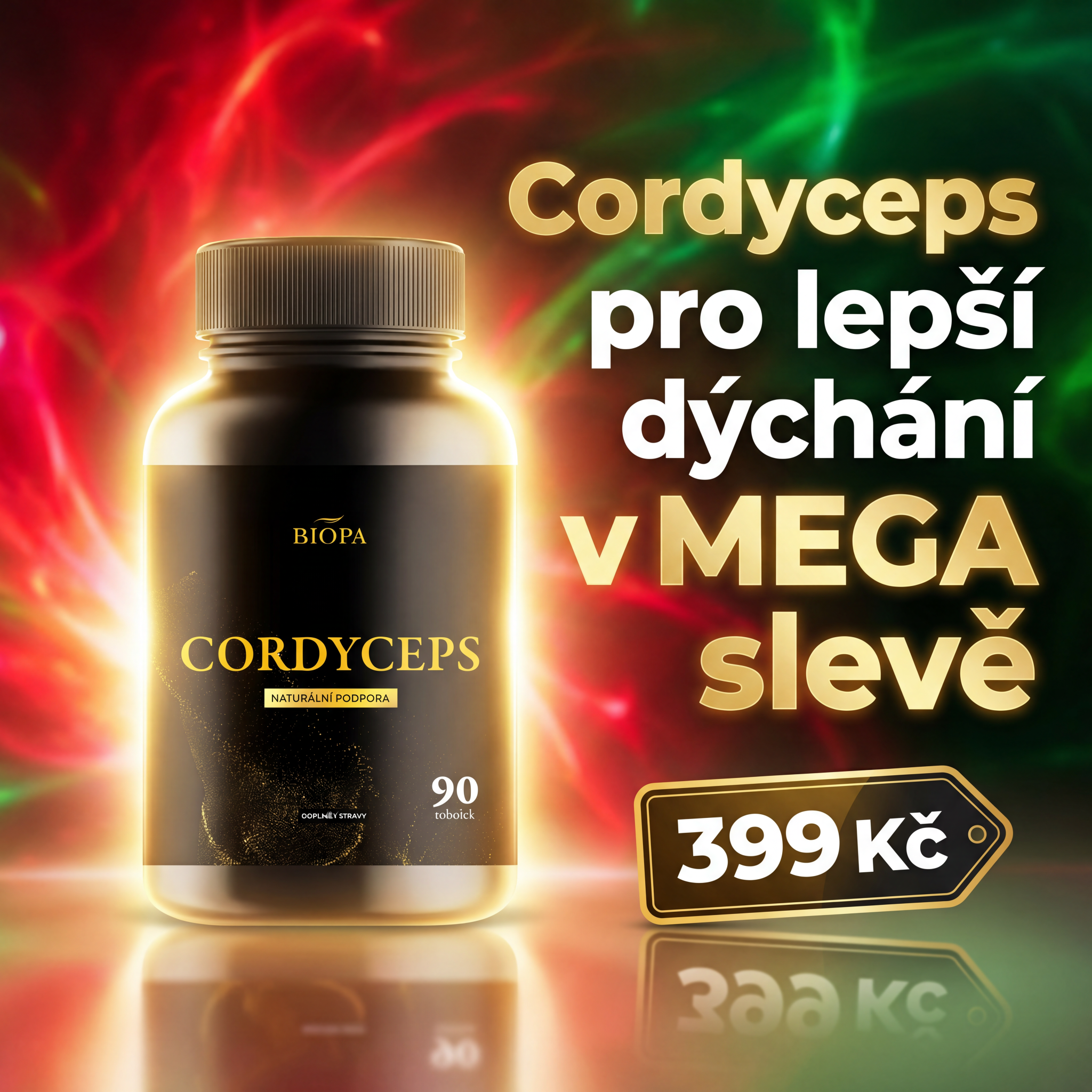 BIOPA Facebook ad: 3 měsíční zásoba CORDYCEPSU jen za 399 Kč