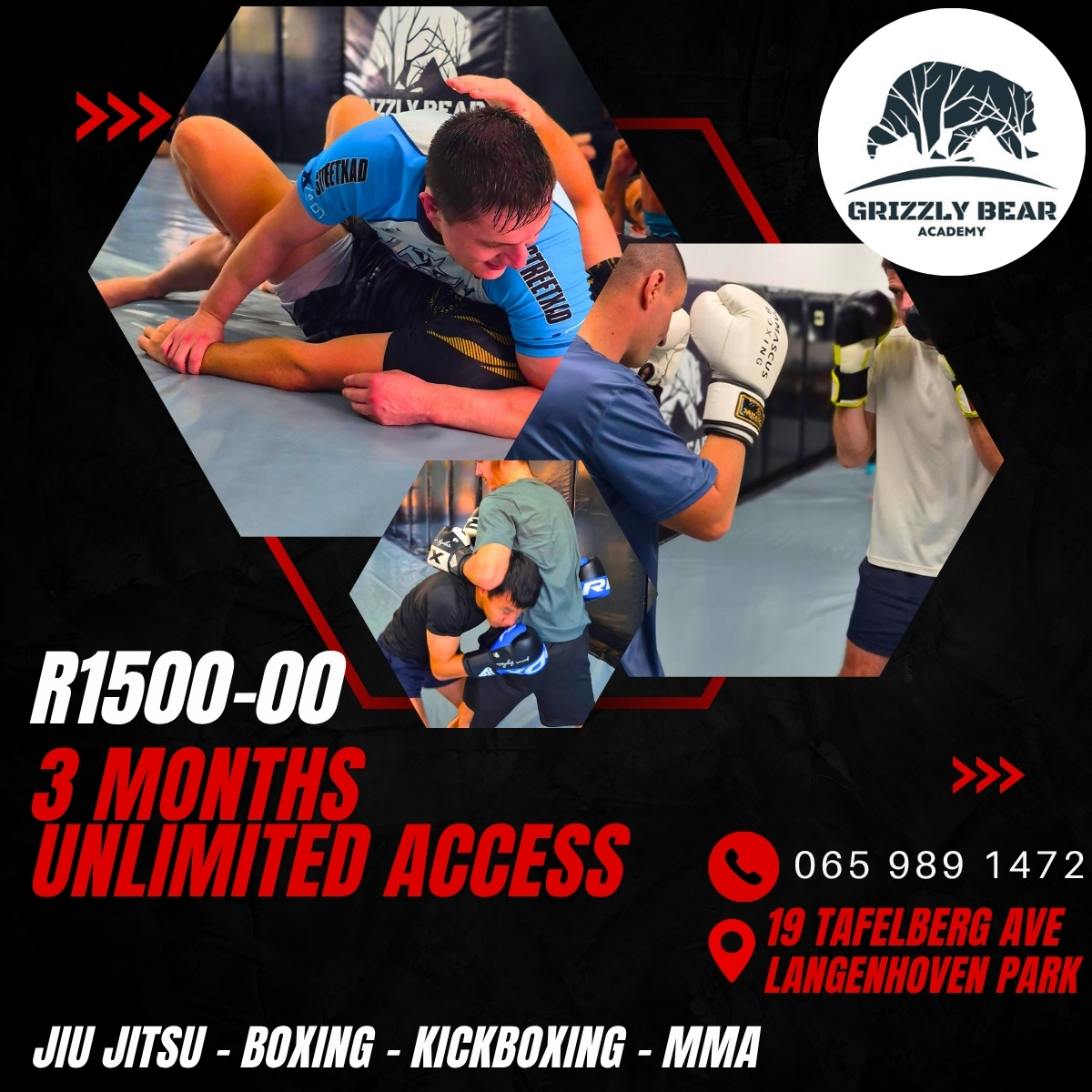 Grizzly Bear MMA Bloemfontein Facebook ad: 3 Months. Unlimited Training. R1,500.