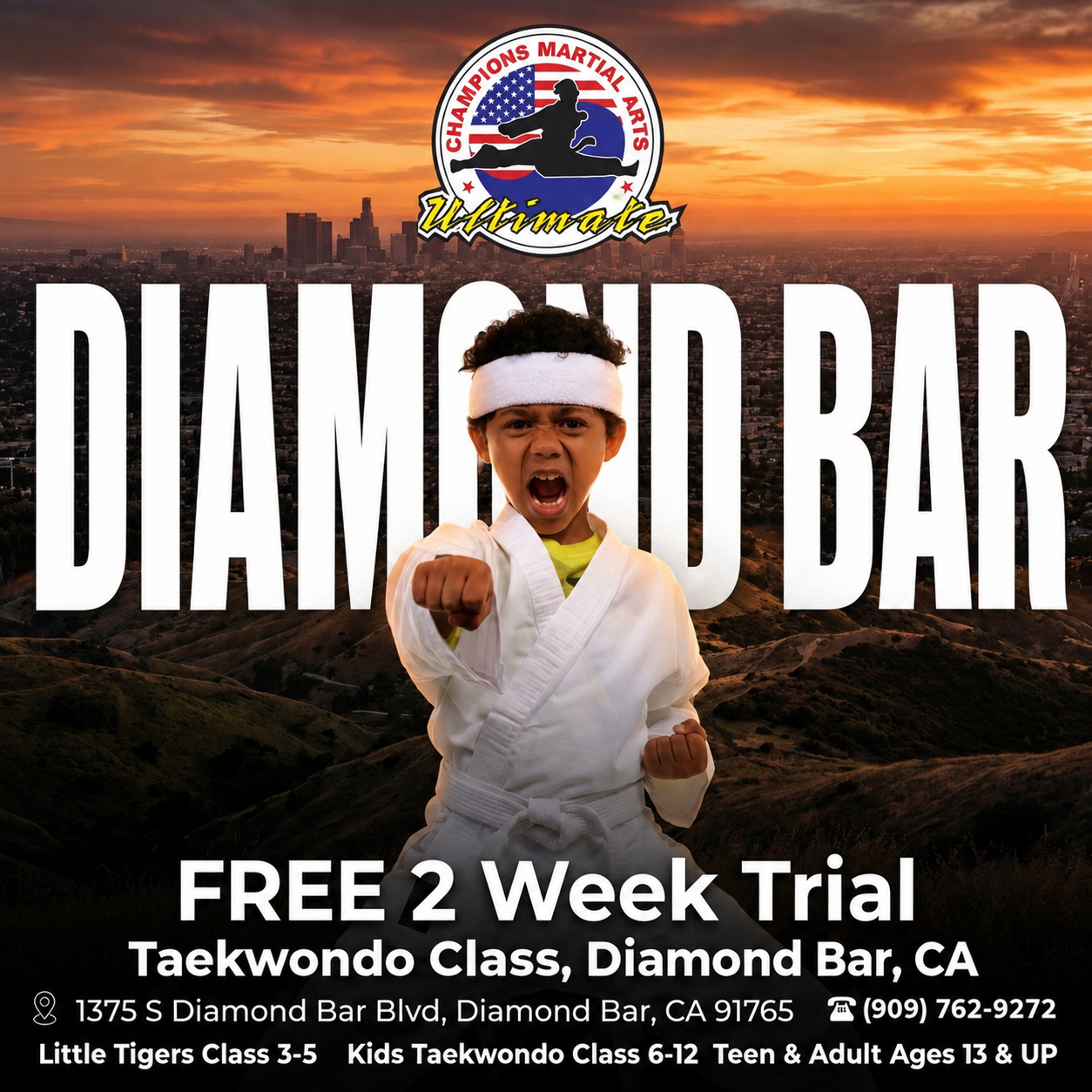Champions Martial Arts Diamond Bar Facebook ad: Free 2 Weeks Taekwondo Trial from Ages 3 and Up!