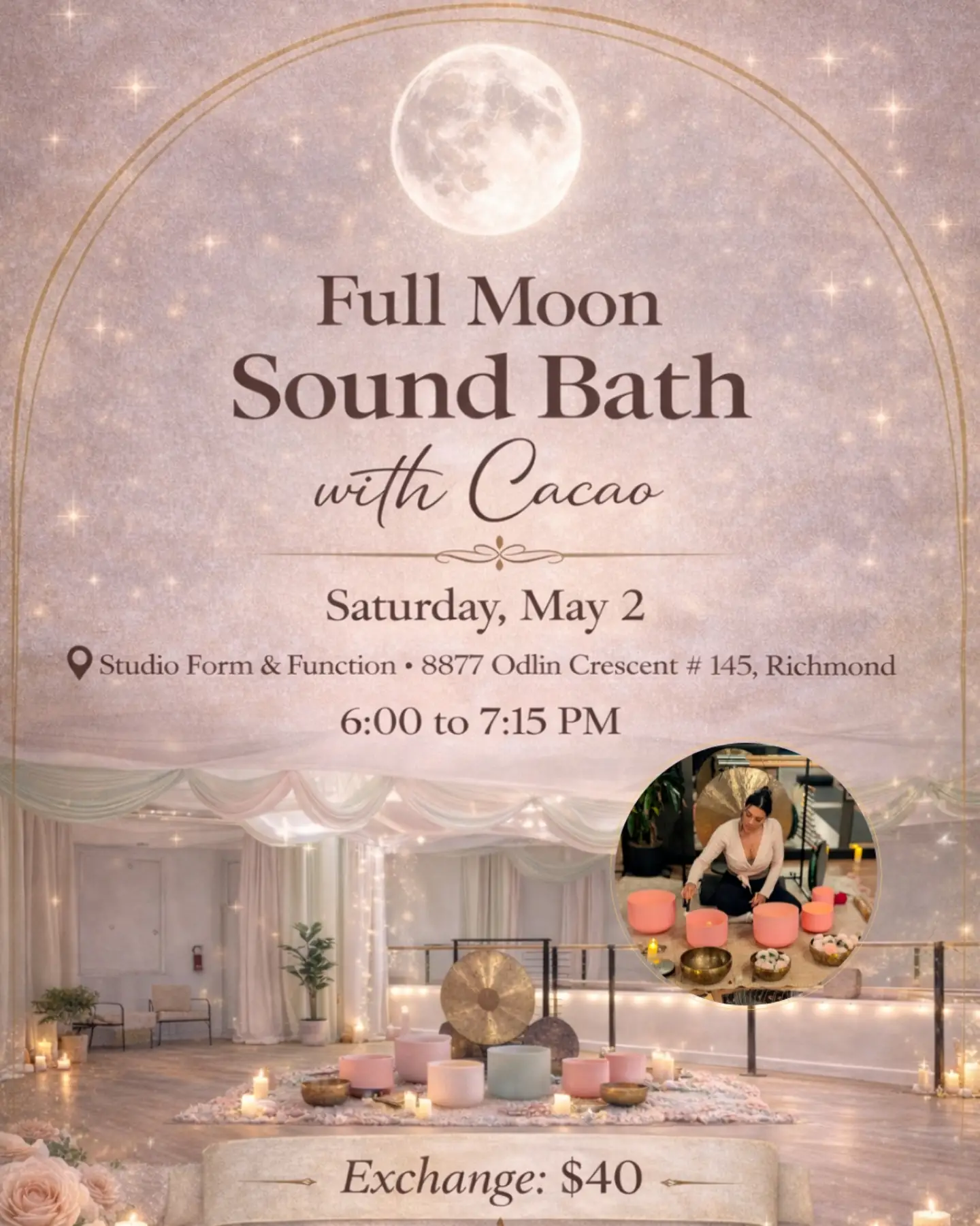 Ritual Meditation and Sound Facebook ad: Full Moon Sound Bath with Sacred Cacao