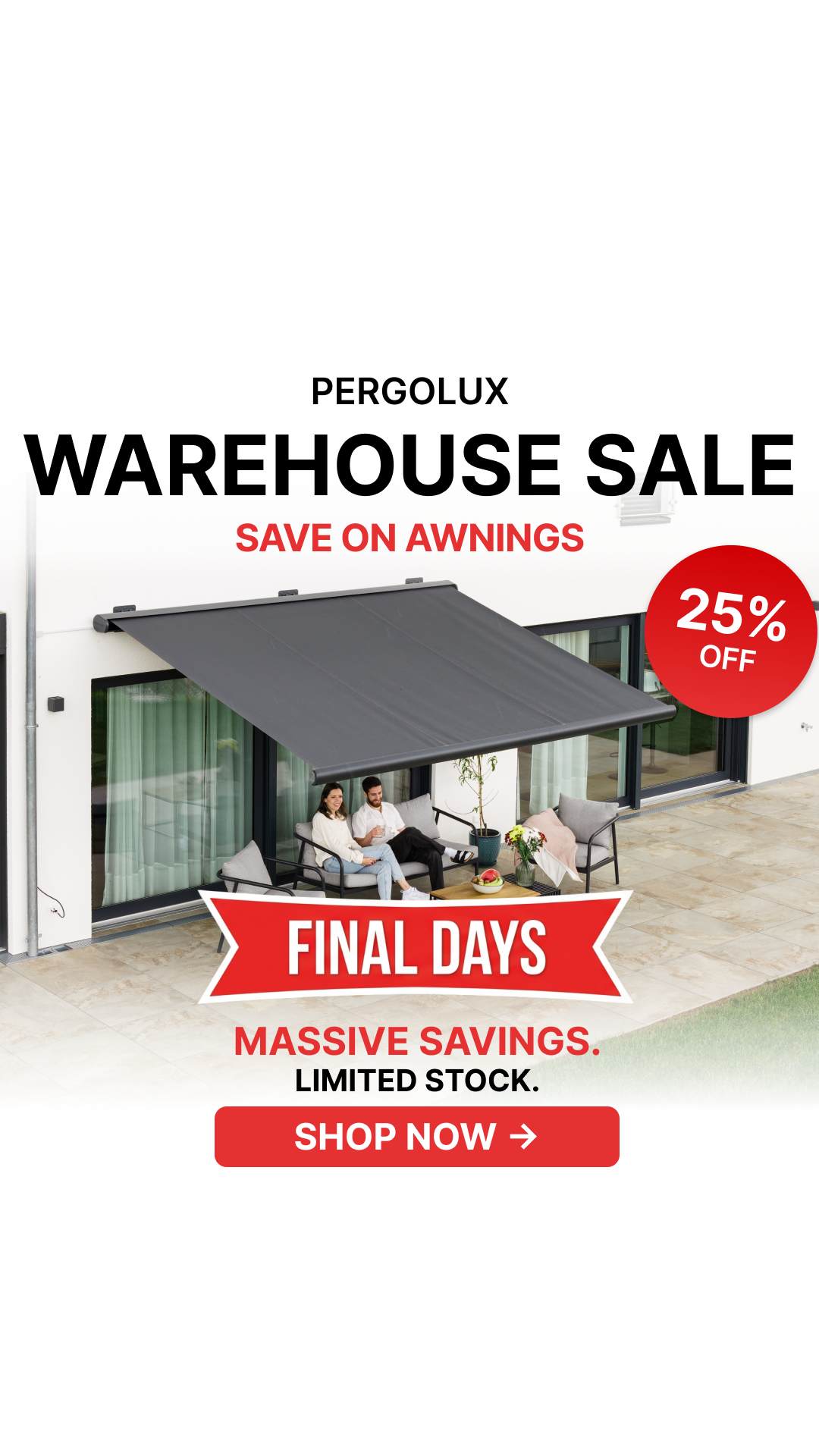 pergolux.au Facebook ad: 25% Off All Awnings