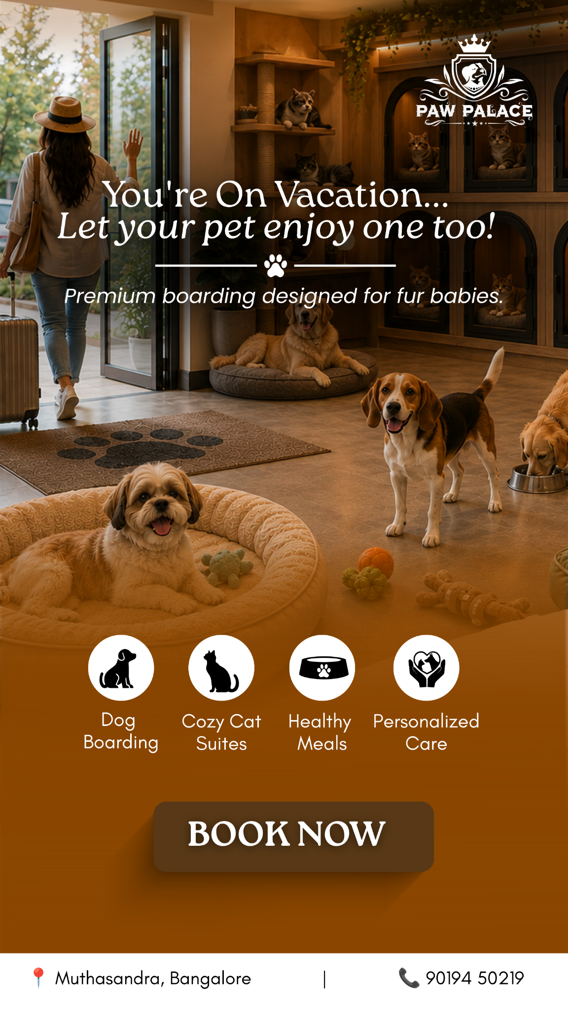 Paw Palace Luxury Pet Boarding Facebook ad: Pet Boarding with Pickup & Drop