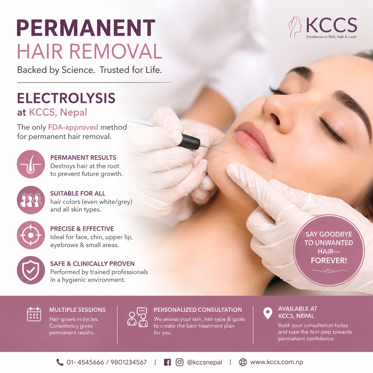 Kathmandu Clinic of Cosmetic Surgery Facebook ad: ELECTROLYSIS- Permanent Hair Removal, Backed by Science
