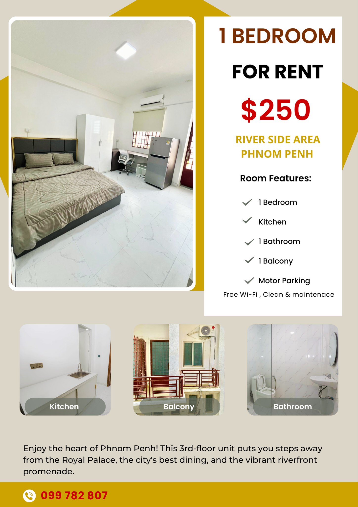 Phnom Penh Property Rentals: Apartments & Condos Facebook ad: 1-Bedroom Apartment for Rent, Riverside, Phnom Penh