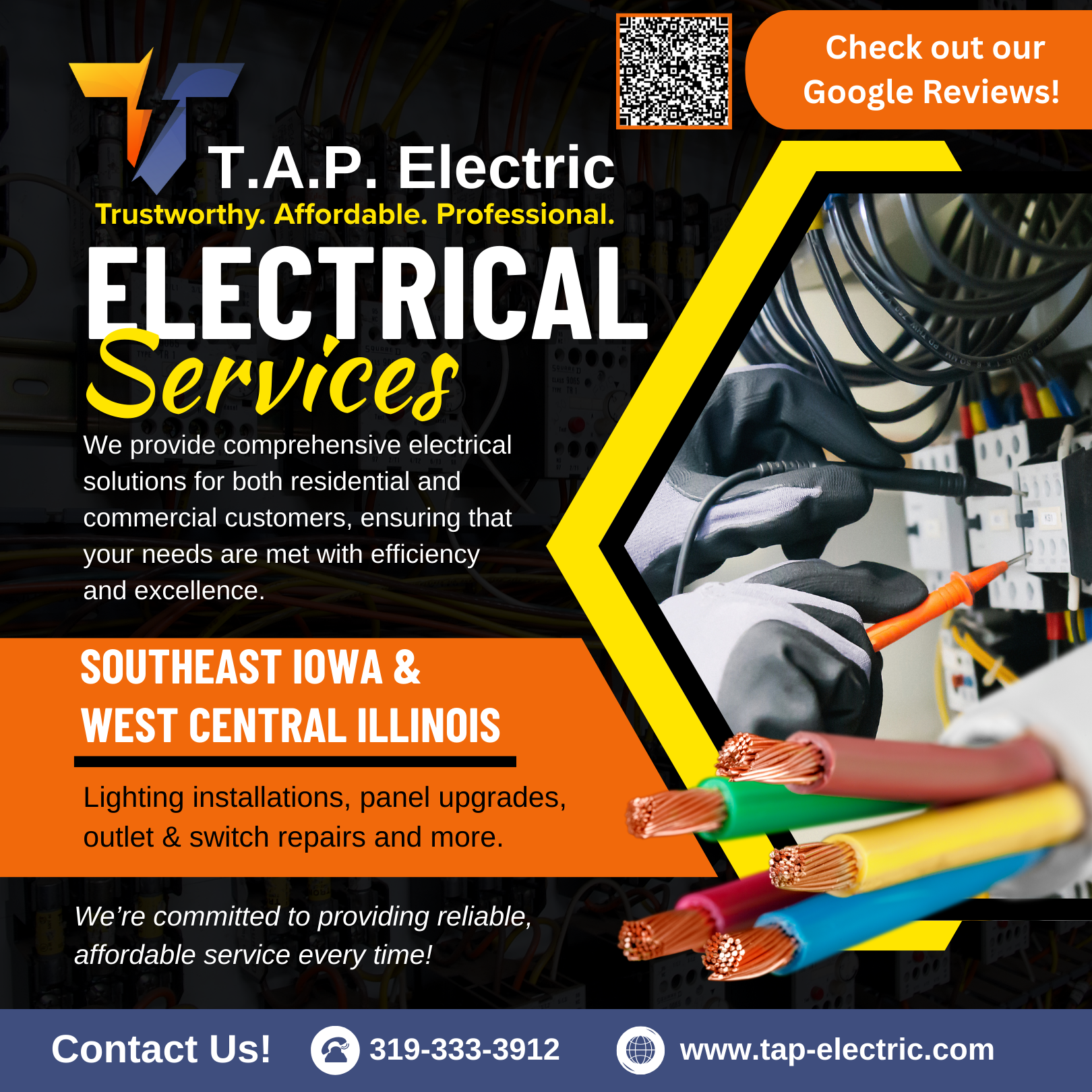 TAP Electric Facebook ad: T.A.P. Electric: Your Trusted Electrical Partner.