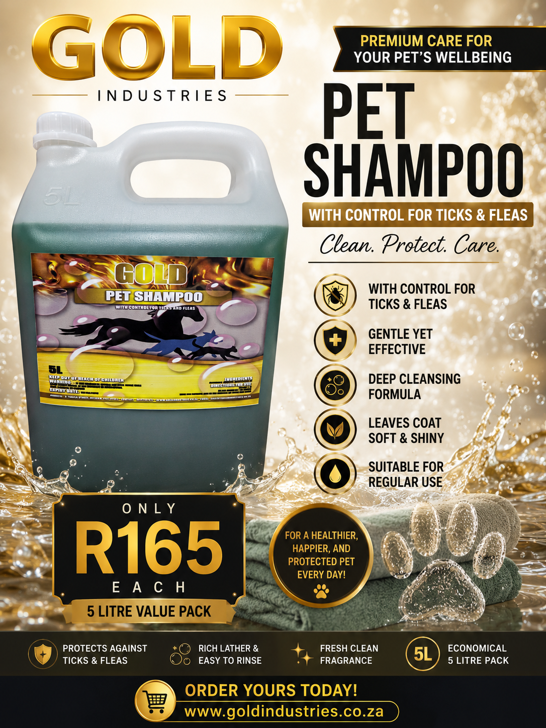 Gold industries Facebook ad: Tick & Flea Control Pet Shampoo, 5L for Only R165