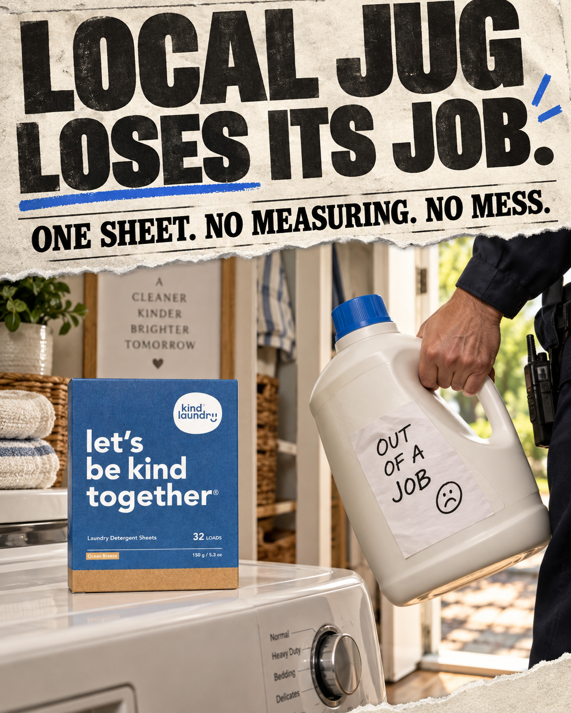 Kind Laundry Facebook ad: Pre-Measured. Zero Plastic. Fresh Ocean Breeze Scent.