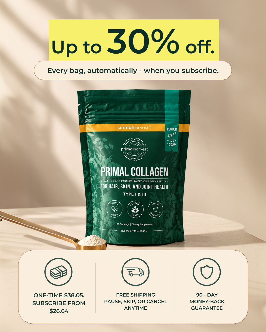 Primal Harvest Facebook ad: 30% off your subscription.