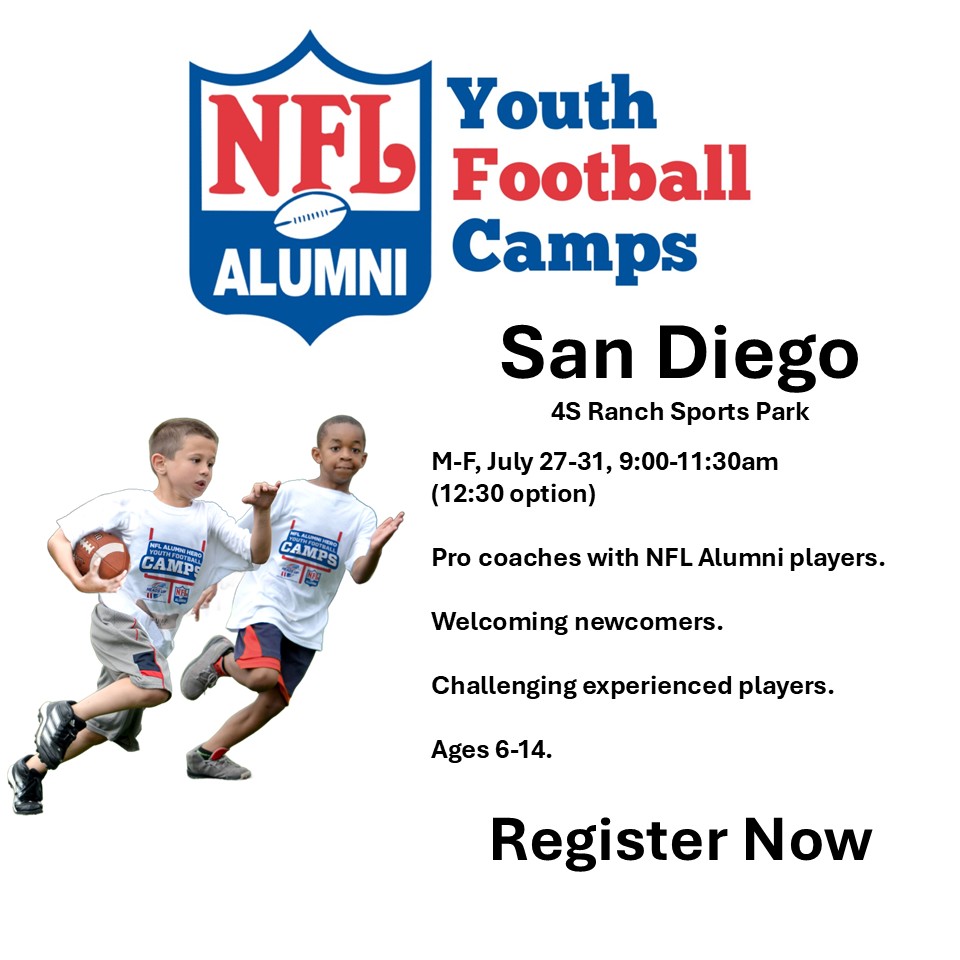 California NFL Alumni Youth Football Camps Facebook ad: San Diego area families, a new high-energy football…