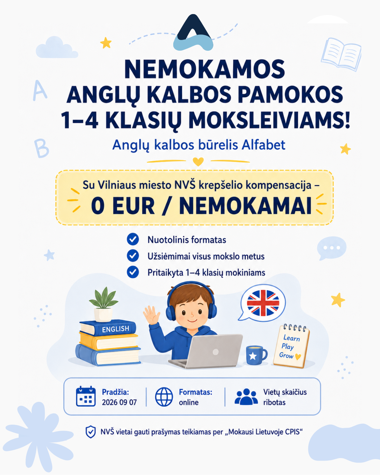 Alfabet Facebook ad: Nemokamos anglų kalbos pamokos 1-4 klasių mokiniams!