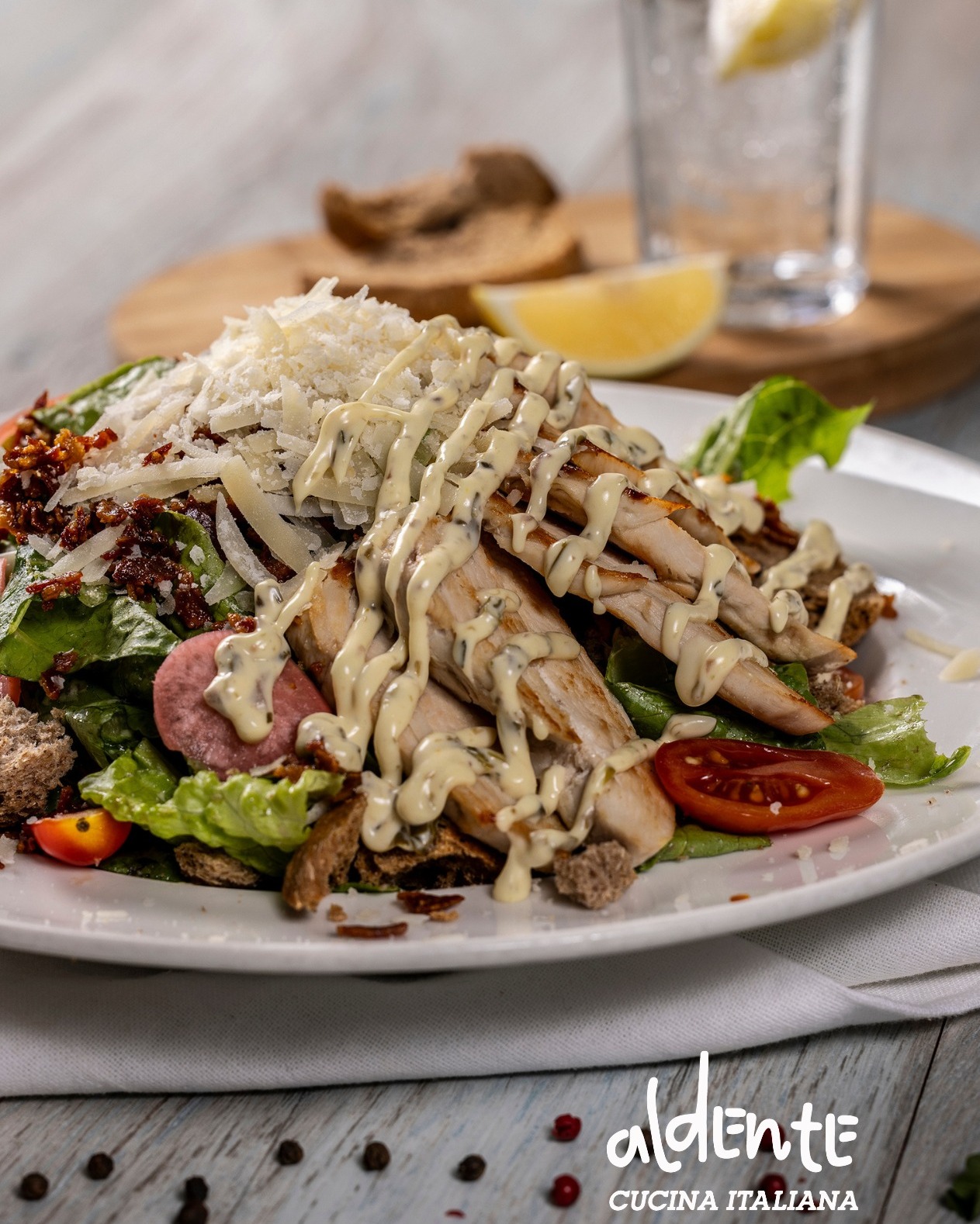 Aldente Larnaca Facebook ad: Chicken, crunch, and Caesar’s charm, the salad that…
