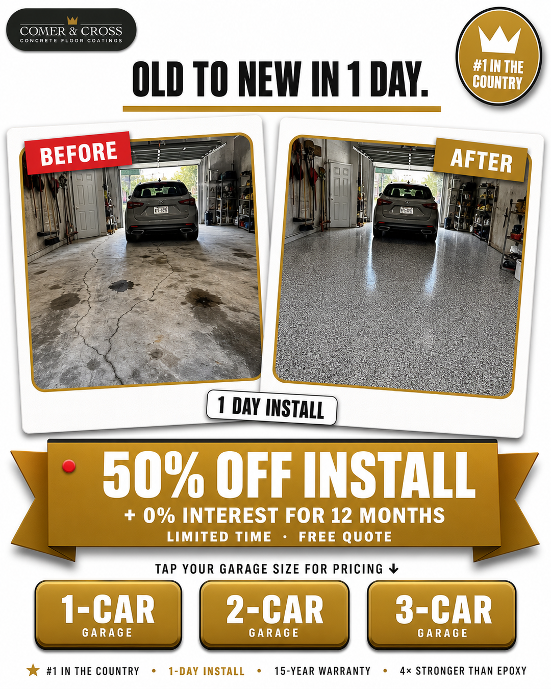 Comer & Cross Concrete Floor Coatings Facebook ad: Save 50% On Installation