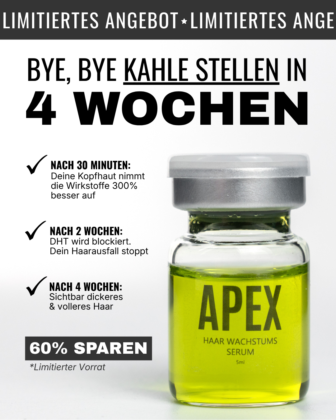 Rootlab Facebook ad: Volles Haar in 3-5 Wochen oder Geld zurück.