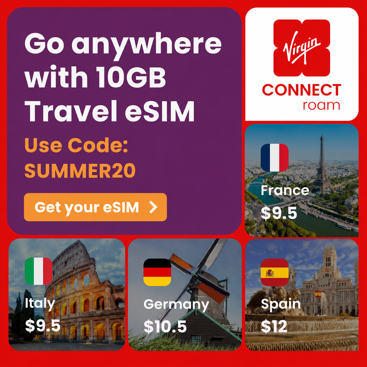 Virgin Connect Facebook ad: Use Code: SUMMER20 - Save 20%
