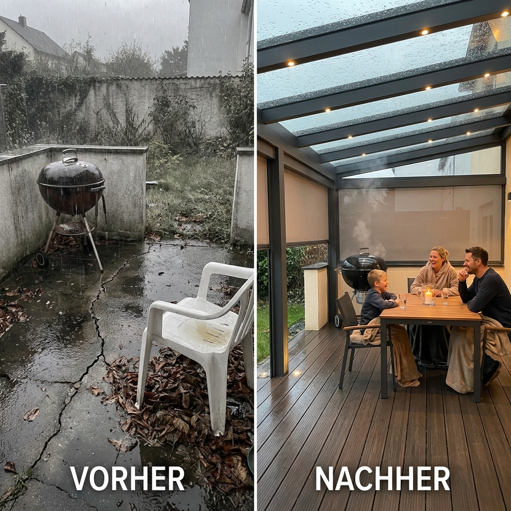 HD-Terrassenshop Facebook ad: Regen, Hitze, Wind, Ihre Terrasse bleibt immer nutzbar.