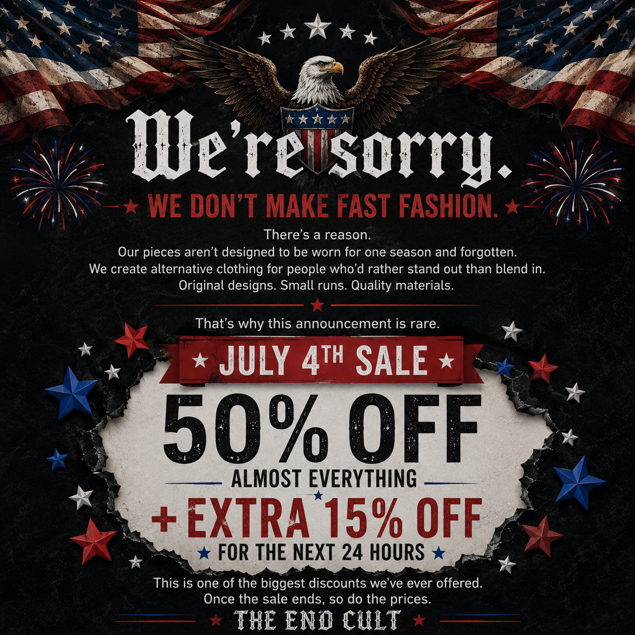 The End Cult Facebook ad: July 4th Sale: 50% OFF + Extra 15% OFF