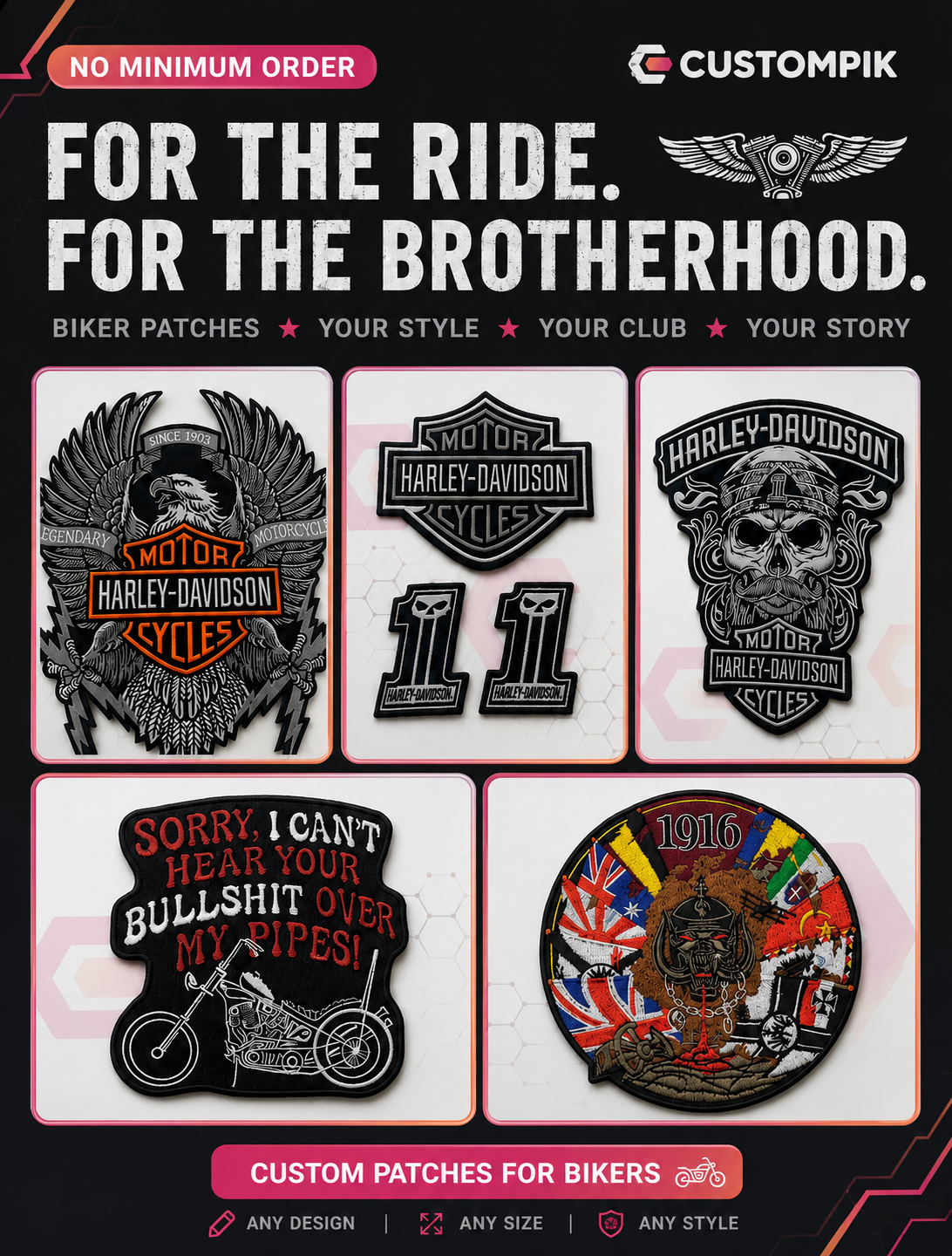 Custompik Facebook ad: Custom Patches, No MOQ