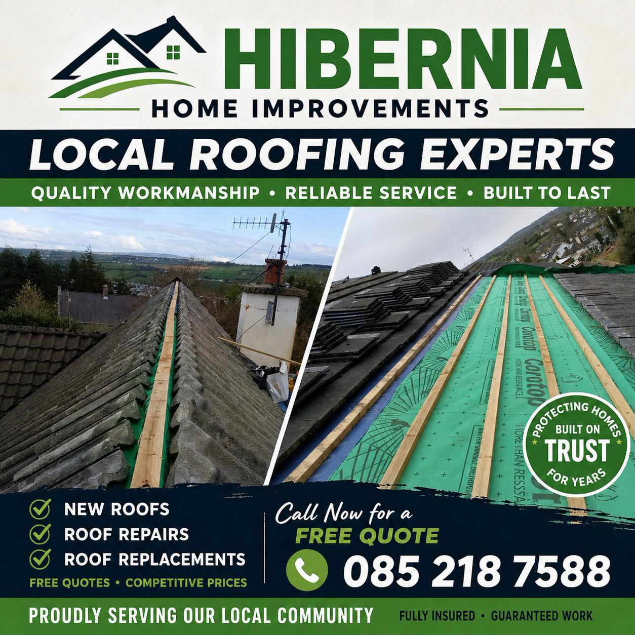 Hibernia Home Improvements Facebook ad: If you need roofing services contact and want a trusted…