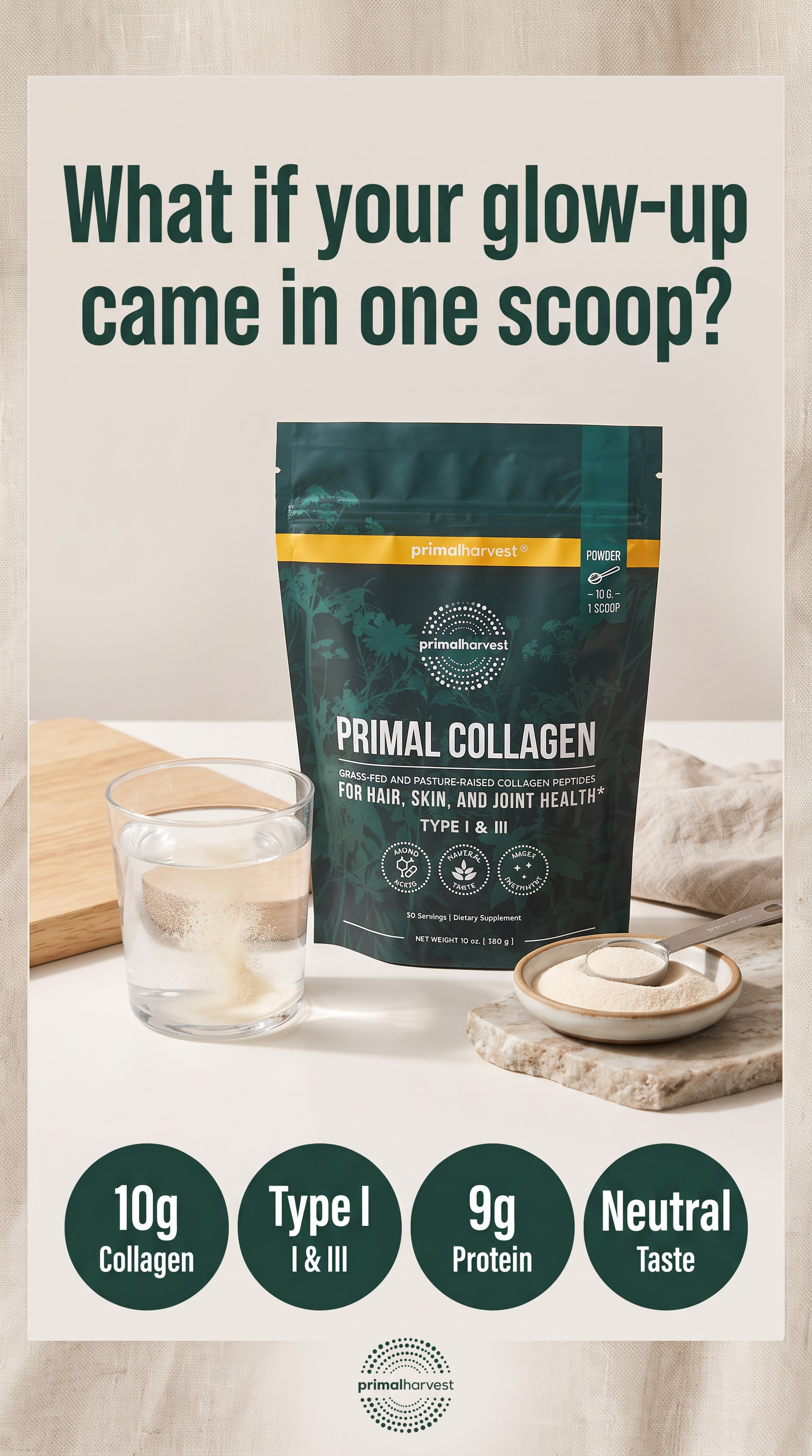 Primal Harvest Facebook ad: Fuller Hair in One Scoop