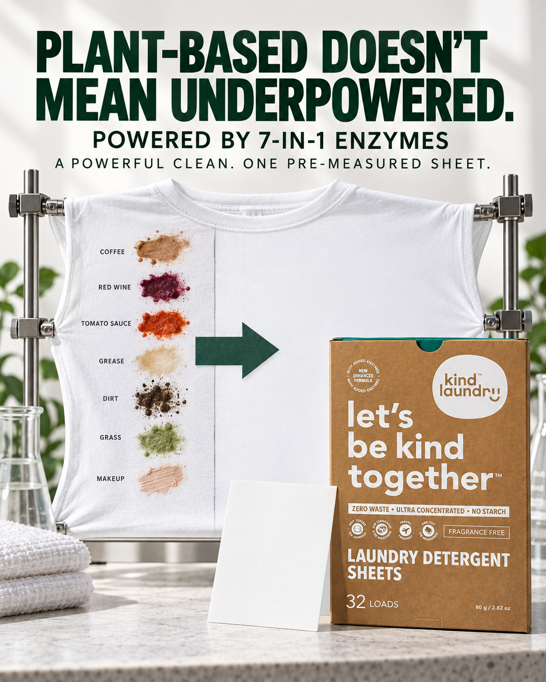 Kind Laundry Facebook ad: 7 Enzymes. 7 Stain Types. One EWG Verified Sheet.