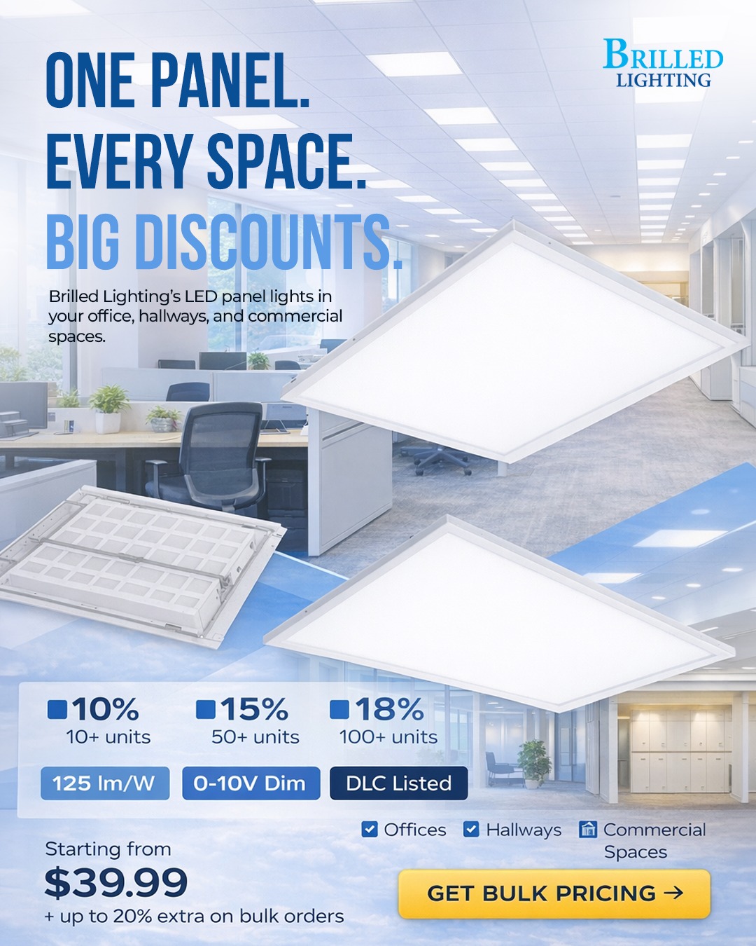 Brilled Lighting Facebook ad: Industrial Lighting in Bulk - Request Pricing Now