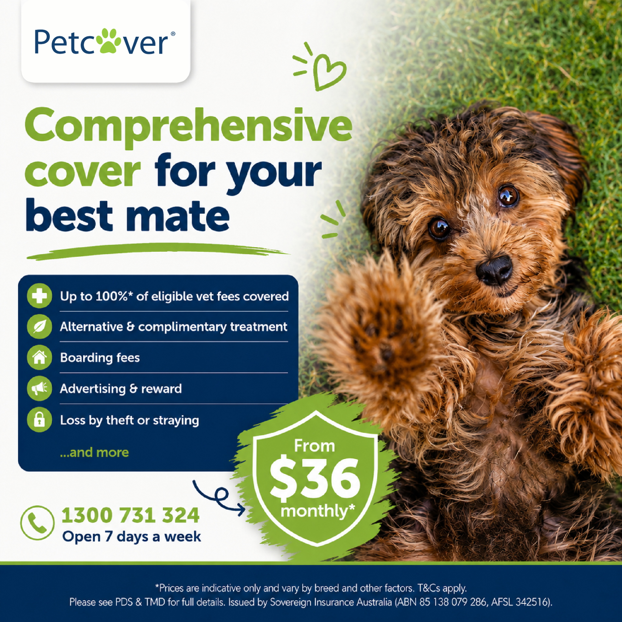 Petcover Australia Facebook ad: Claim up to 100%* of eligible vet bills