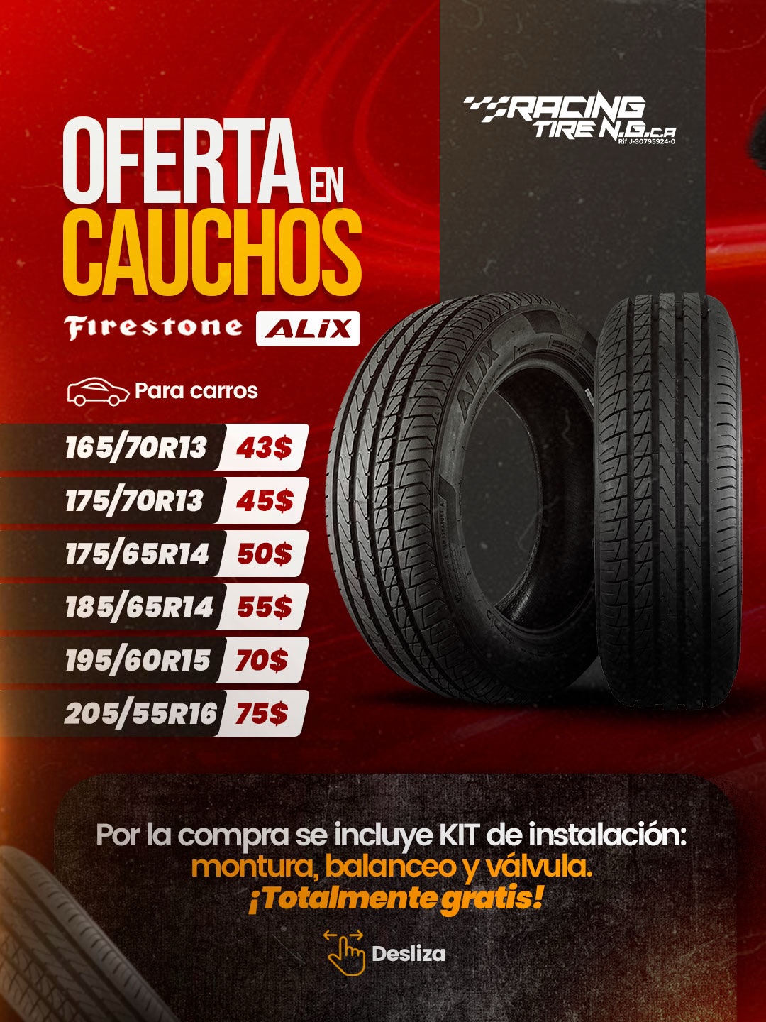 Racing Tire N.G C.A Facebook ad: ¡Es hora de darle cariño a tu carro!