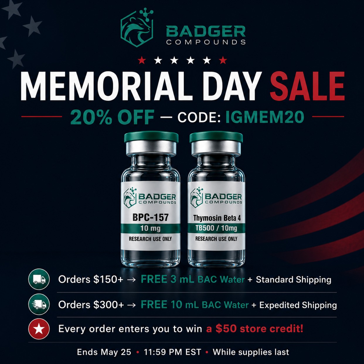 badgercompounds Facebook ad: Memorial Day Sale is LIVE!